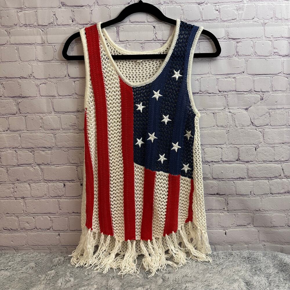 Cloud Chaser American Flag Fringe Tank Top Crochet Knit Women's Large